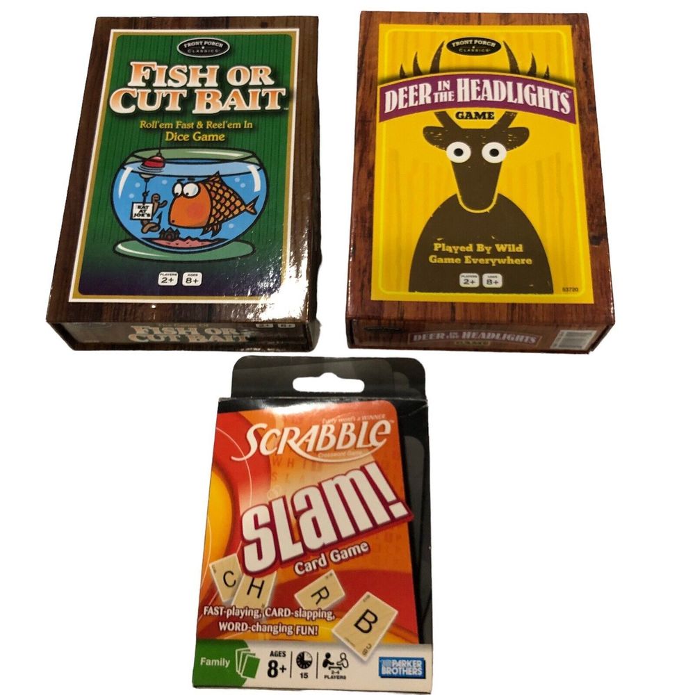 Game Bundle Dice & Card Games Scrabble Slam, Fish Or Cut Bait/Deer In Headlights